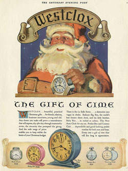 This Christmas (1930) ad illustrates 61-F Dura Case, style 2 crackle finish Big Ben and Baby Ben, Auto Clock, Pocket Ben and Country Club pocket watches This Christmas ad illustrates 61-F Dura Case, style 2 crackle finish Big Ben and Baby Ben, Auto Clock, Pocket Ben and Country Club pocket watches.