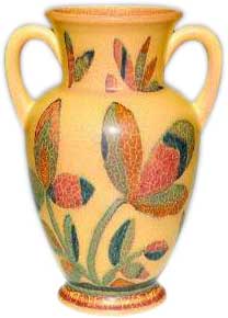 Decorated Mat glaze 9 1/2 inch vase with two handles, decorated by Wilhelmine Rehm in a strong Art Deco manner Decorated Mat glaze 9 1/2 inch vase with two handles, decorated by Wilhelmine Rehm in a strong Art Deco manner