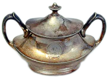 D&RGRR Curecanti logo on side of 4 ounce double handled sugar bowl with lid - manufactured by Reed & Barton D&RGRR Curecanti logo on side of 4 ounce double handled sugar bowl with lid - manufactured by Reed & Barton