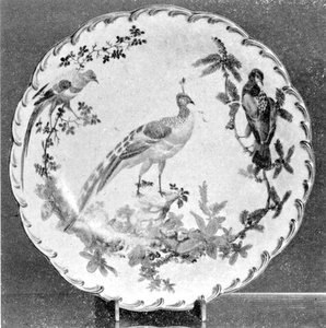 A Colorful Bird Decoration: Of the Dr. Wall period and circa 1775, the edging is of royal blue and the birds and foliage in brilliant colors against a mellow landscape. - courtesy Hearst Collection-Parke-Bernet Galleries A Colorful Bird Decoration: Of the Dr. Wall period and circa 1775, the edging is of royal blue and the birds and foliage in brilliant colors against a mellow landscape. - courtesy Hearst Collection-Parke-Bernet Galleries