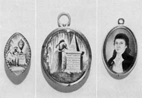 18-Century American Mourning Jewelry: At the. left is an oval brooch in gold frame engraved: "Frances Blackston, died 30 Augt. 1780, aged 60." The miniature painting is attributed to John Ramage; center, mourning locket for Dr. Joseph Youle that depicts his tombstone with complete inscription, dated 1795. At the right, miniature locket of Dr. Youle that his wife wore before his death and after that the mourning locket illustrated. 18-Century American Mourning Jewelry: At the. left is an oval brooch in gold frame engraved: "Frances Blackston, died 30 Augt. 1780, aged 60." The miniature painting is attributed to John Ramage; center, mourning locket for Dr. Joseph Youle that depicts his tombstone with complete inscription, dated 1795. At the right, miniature locket of Dr. Youle that his wife wore before his death and after that the mourning locket illustrated.