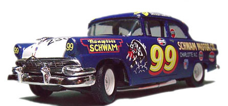 Curtis Turner's 1956 "Purple Hog" NASCAR Ford. Resin 2 door sedan body on a 1956 AMT kit chassis. Very few modifications needed, as the cars were closer to their street-going cousins back then, but the kit had the wrong body style, so a correct resin body was subbed. Curtis Turner's 1956 "Purple Hog" NASCAR Ford. Resin 2 door sedan body on a 1956 AMT kit chassis. Very few modifications needs, as the cars were closer to their street-going cousins back then, but the kit had the wrong body style, so a correct resin body was subbed.