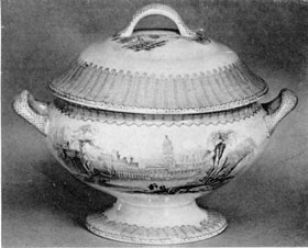 A Late Staffordshire Tureen: Of the round type, decorated with the Corinth pattern in light blue, it was made by T. Fell & Co., circa 1850. The china ladle illustrated goes with the tureen. A Late Staffordshire Tureen: Of the round type, decorated with the Corinth pattern in light blue, it was made by T. Fell & Co., circa 1850. The china ladle illustrated goes with the tureen.
