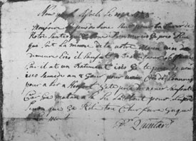 Illustration II: A Letter by Peter Quintard: Dated April 11, 1728, and addressed to his brother, "Isaac Quintard, Living in Stamford." Written in French, a translation is: "My brother, These few lines to assure you of our health which is good, thank God. I pray God that it be the same with your own. Morin has come to dwell here. He is going to Boston for his wife because he has a house here. I beg you to come here Saturday or some day soon to fetch work to go to Hartford. I pray you to come without fault for I am expecting it. This is all for the present- except that I remain your loving brother until death. Pr Quintard." The other side, in addition to the address, has notes, probably in Isaac Quintard's hand-writing, of an account with Samuel Knapp, his brother-in-law. The five entries total six shillings, six and one-half pence. Illustration II: A Letter by Peter Quintard: Dated April 11, 1728, and addressed to his brother, "Isaac Quintard, Living in Stamford." Written in French, a translation is: "My brother, These few lines to assure you of our health which is good, thank God. I pray God that it be the same with your own. Morin has come to dwell here. He is going to Boston for his wife because he has a house here. I beg you to come here Saturday or some day soon to fetch work to go to Hartford. I pray you to come without fault for I am expecting it. This is all for the present- except that I remain your loving brother until death. Pr Quintard." The other side, in addition to the address, has notes, probably in Isaac Quintard's hand-writing, of an account with Samuel Knapp, his brother-in-law. The five entries total six shillings, six and one-half pence.