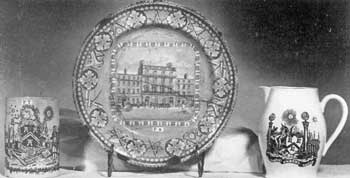 Masonic Mug, Plate, and Pitcher: Figure 1: a Worcester mug, circa 1760, with Masonic coat-of-arms, emblems and Masons wearing their aprons; Figure 2: Staffordshire blue-and-white plate depicting the Freemasons' Tavern, London, where in 1717 the Grand Lodge of England was organized; Figure 3: a Liverpool black transfer cream pitcher, probably part of a tea service. Masonic Mug, Plate, and Pitcher: Figure 1: a Worcester mug, circa 1760, with Masonic coat-of-arms, emblems and Masons wearing their aprons; Figure 2: Staffordshire blue-and-white plate depicting the Freemasons' Tavern, London, where in 1717 the Grand Lodge of England was organized; Figure 3: a Liverpool black transfer cream pitcher, probably part of a tea service.