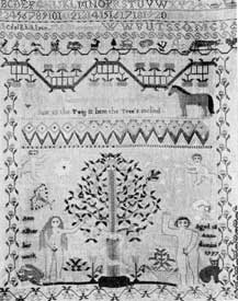 Illustration I: American Sampler, Dated 1797: The lower part is a representation of Adam and Eve in needle stitch. At the lower left and right it is signed: "Ann Alker her work. Aged 12 Anno domini 1797." Illustration I: American Sampler, Dated 1797: The lower part is a representation of Adam and Eve in needle stitch. At the lower left and right it is signed: "Ann Alker her work. Aged 12 Anno domini 1797."