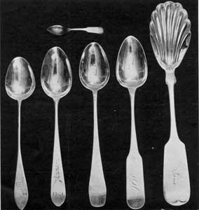 Typical American Silver Spoons: The group shows the style transition from the late 18th Century to the middle of the 19th Century. At the upper left hand is a doll's size fiddleback spoon made in New England after 1850. Typical American Silver Spoons: The group shows the style transition from the late 18th Century to the middle of the 19th Century. At the upper left hand is a doll's size fiddleback spoon made in New England after 1850.