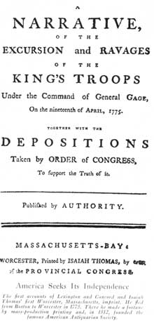 America Seeks Its Independence: The first accounts of Lexington and Concord and Isaiah Thomas' first Worcester, Massachusetts, imprint. He fled from Boston to Worcester in 1775. There he made a fortune by mass-production printing and, in 1812, founded the famous American Antiquarian Society. America Seeks Its Independence: The first accounts of Lexington and Concord and Isaiah Thomas' first Worcester, Massachusetts, imprint. He fled from Boston to Worcester in 1775. There he made a fortune by mass-production printing and, in 1812, founded the famous American Antiquarian Society.