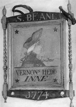 A Pre-Revolutionary Boston Tavern Sign: The Vernon’s Head was at the corner of State Street and Merchant’s Row. It was named for the English Admiral, Edward Vernon, whose capture of Porto Bello in the West Indies was an outstanding naval feat. Mount Vernon, the Washington estate, was also named for him. A Pre-Revolutionary Boston Tavern Sign: The Vernon’s Head was at the corner of State Street and Merchant’s Row. It was named for the English Admiral, Edward Vernon, whose capture of Porto Bello in the West Indies was an outstanding naval feat. Mount Vernon, the Washington estate, was also named for him.