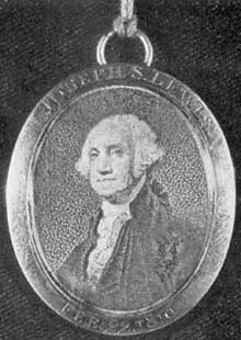 ILLUSTRATION IV: A Sons-of-Washington Badge: The portrait is a stippled engraving by David Edwin, after Gilbert Stuart. The face of locket frame is engraved, "Joseph S. Lewis, Feb. 22, 1810," and on the reverse, "Sons of Washington," Size 1 1/2 by 1 1/8 inches. ILLUSTRATION IV: A Sons-of-Washington Badge: The portrait is a stippled engraving by David Edwin, after Gilbert Stuart. The face of locket frame is engraved, "Joseph S. Lewis, Feb. 22, 1810," and on the reverse, "Sons of Washington," Size 1 1/2 by 1 1/8 inches.
