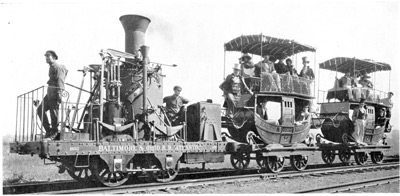 The Atlantic, Built in 1831, with Two Passenger Coaches: This locomotive, the first to enter Washington, D.C., has been carefully preserved by the Baltimore & Ohio. The Atlantic was also used for forty years in switching service. The coaches are carefully constructed reproductions of the period. The Atlantic, Built in 1831, with Two Passenger Coaches: This locomotive, the first to enter Washington, D.C., has been carefully preserved by the Baltimore & Ohio. The Atlantic was also used for forty years in switching service. The coaches are carefully constructed reproductions of the period.