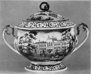 A Tureen with American Scenes: From the "Beauties of America," by J. & W. Ridgway, Staffordshire, the lower part depicts Boston Almshouse. On the cover is a view of "Cambridge College, Mass." A Tureen with American Scenes: From the "Beauties of America," by J. & W. Ridgway, Staffordshire, the lower part depicts Boston Almshouse. On the cover is a view of "Cambridge College, Mass."