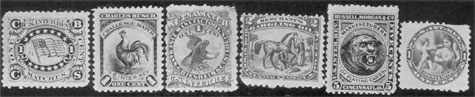 A Typical Variety of Match and Medicine Stamps: Left to right, the first three are for matches. They are the American flag and initials C.B.C. and S. from the name of the company for which it was produced; next, the rooster stamps of Charles Busch's challenge match of New Yolk; and third, Eagle decorated, one of the Aetna brand of matches. The fourth stamp shows two Arabs rubbing Merchant's Gargling Oil on a horse; the fifth, playing card stamp with a tiger head center, Russel, Morgan & Co. of Cincinnati; and last the circular stamp showing Cupid spraying the perfume of Corning & Tappan on a woman of fashion. A Typical Variety of Match and Medicine Stamps: Left to right, the first three are for matches. They are the American flag and initials C.B.C. and S. from the name of the company for which it was produced; next, the rooster stamps of Charles Busch's challenge match of New Yolk; and third, Eagle decorated, one of the Aetna brand of matches. The fourth stamp shows two Arabs rubbing Merchant's Gargling Oil on a horse; the fifth, playing card stamp with a tiger head center, Russel, Morgan & Co. of Cincinnati; and last the circular stamp showing Cupid spraying the perfume of Corning & Tappan on a woman of fashion.