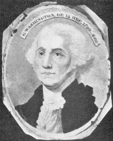ILLUSTRATION IX: A Washington Memorial: This miniature, probably designed for the lid of a small oval box, is lettered, "G. Washington, Ob. 14 Dec., 1799. AE 64" and is typical of many Washington memorial portraits made shortly after his death. ILLUSTRATION IX: A Washington Memorial: This miniature, probably designed for the lid of a small oval box, is lettered, "G. Washington, Ob. 14 Dec., 1799. AE 64" and is typical of many Washington memorial portraits made shortly after his death.