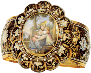 Bracelet, hinged bangle, Swiss enamel, yg, c. 1830, oval miniature dipicting a seated lady with two children, within a scalloped border decorated with black and white enamel motifs on a similarly decorated bangle, enamel imperfect Bracelet, hinged bangle, Swiss enamel, yg, c. 1830, oval miniature dipicting a seated lady with two children, within a scalloped border decorated with black and white enamel motifs on a similarly decorated bangle, enamel imperfect - photo courtesy Sotheby's, London
