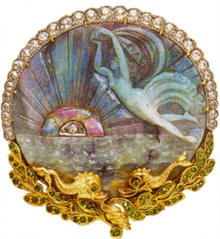 Brooch/pendant, carved opal, demantoid garnet, diamonds, 18k yg, platinum, c. 1890, a circ carved opal depicting a sea nymph by "Marcus & Co." Brooch/pendant, carved opal, demantoid garnet, diamonds, 18k yg, platinum, c. 1890, a circ carved opal depicting a sea nymph, rising/setting sun with circ-cut diamond center, and ocean waves, with grad oe diamond border above and demantoid-set yg foliate wreath border surmounted by two stylized fish below, three hidden pendant loops, sgd "Marcus & Co."