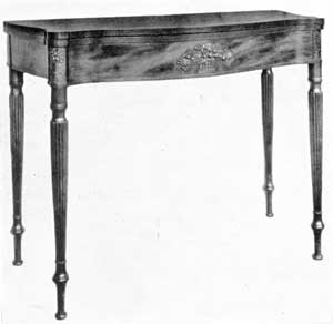 Card Table with Typical McIntire Carving: The central basket of fruit and the carving at the top of front legs are characteristic of the work done by Samuel Mclntire for a number of the Salem cabinetmakers. Card Table with Typical McIntire Carving: The central basket of fruit and the carving at the top of front legs are characteristic of the work done by Samuel Mclntire for a number of the Salem cabinetmakers.
