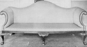 Mahogany Chippendale Sofa Owned by General Washington While Living in Philadelphia: When he retired from the Presidency and returned to Mount Vernon, this piece was sold to Robert Morris. Later, it was owned by General Thomas Robinson. In June, 1864, it was purchased from members of his family by the Union League of Philadelphia which, in 1882, presented it to Independence Hall. Mahogany Chippendale Sofa Owned by General Washington While Living in Philadelphia: When he retired from the Presidency and returned to Mount Vernon, this piece was sold to Robert Morris. Later, it was owned by General Thomas Robinson. In June, 1864, it was purchased from members of his family by the Union League of Philadelphia which, in 1882, presented it to Independence Hall.