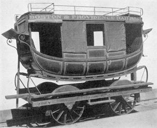 An Imported English Coach: It was built for the Boston & Providence Railroad and put in service in 1834. Structurally, this was a stagecoach body, mounted on railway wheels and framework. An Imported English Coach: It was built for the Boston & Providence Railroad and put in service in 1834. Structurally, this was a stagecoach body, mounted on railway wheels and framework.