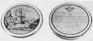 Commodore Perry's Victory on Lake Erie: The lid bears an engraved copy of a scene of this engagement and on the bottom a representation of his letter to the Secretary of the Navy, dated September 10, 1813, announcing his victory over the British squadron. Victory of United States over The Macedonia: This view of the engagement stresses in its caption that the capture was achieved in seventeen minutes. Commodore Perry's Victory on Lake Erie: The lid bears an engraved copy of a scene of this engagement and on the bottom a representation of his letter to the Secretary of the Navy, dated September 10, 1813, announcing his victory over the British squadron. Victory of United States over The Macedonia: This view of the engagement stresses in its caption that the capture was achieved in seventeen minutes.