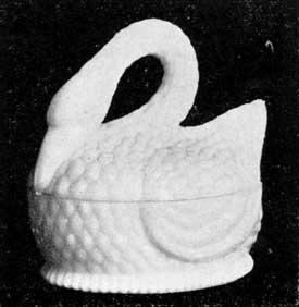Covered Swan Dish: Of milk-white glass, inside the base is lettered "Vallerysthal." Many other animal dishes bear the same town name. Some, where is has not been ground or filed away, have "Made in France" or "France" on the bottom of the base. Covered Swan Dish: Of milk-white glass, inside the base is lettered "Vallerysthal." Many other animal dishes bear the same town name. Some, where is has not been ground or filed away, have "Made in France" or "France" on the bottom of the base.