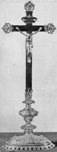 Illustration VI: Crucifix by Francois Ranvoyze: This and the monstrance in Illustration II were made for the Quebec Ursulines about 1780, and are examples of fine religious silver made by this Quebec silversmith. Illustration VI: Crucifix by Francois Ranvoyze: This and the monstrance in Illustration II were made for the Quebec Ursulines about 1780, and are examples of fine religious silver made by this Quebec silversmith.