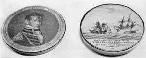 A Decatur Snuff Box: The lid bears the likeness of Commodore Decatur, copied from an engraving of the portrait by Gilbert Stuart. On the bottom is a picture showing capture of the Macedonian by the United States that occurred October 25, 1812, copied from engraving of same name. A Decatur Snuff Box: The lid bears the likeness of Commodore Decatur, copied from an engraving of the portrait by Gilbert Stuart. On the bottom is a picture showing capture of the Macedonian by the United States that occurred October 25, 1812, copied from engraving of same name.