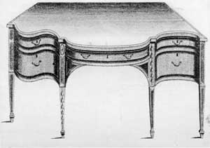 An Elaborate Sideboard Design by Shearer: In this plate he indicated variations of outline and ornamental inlay. One end has a serpentine curve and the other a concaved curve contrasting with the convexed curve of the central section. The pattern of inlay is different with each of the front legs. An Elaborate Sideboard Design by Shearer: In this plate he indicated variations of outline and ornamental inlay. One end has a serpentine curve and the other a concaved curve contrasting with the convexed curve of the central section. The pattern of inlay is different with each of the front legs.