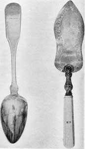 Silver owned by Irving: Fiddleback serving spoon, by H. Cheavenes, c. 1815, and French pie server, c. 1838. Silver owned by Irving: Fiddleback serving spoon, by H. Cheavenes, c. 1815, and French pie server, c. 1838.