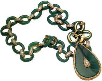 Necklace, sautoir, dyed green chalcedony, diamonds, 18k yg, platinum c. 1970 - "Made in France," makers mark "AV" for Vassort Paris Necklace, sautoir, dyed green chalcedony, diamonds, 18k yg, platinum c. 1970 - "Made in France," makers mark "AV" for Vassort Paris