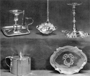Five Pieces Bearing Women's Marks: Top to bottom, left to right, with year of the date letter, these are: bedroom candlestick by Ann Robertson, Newcastle, c. 1800; punch ladle by Dorothy Mills, London, 1752; candlestick by Eliza Godfrey, London, 1762; mustard pot by James and Elizabeth Bland, London, 1795; and teapot stand by Duncan Urquhart and Naphtalia Hart, London, 1798. Five Pieces Bearing Women's Marks: Top to bottom, left to right, with year of the date letter, these are: bedroom candlestick by Ann Robertson, Newcastle, c. 1800; punch ladle by Dorothy Mills, London, 1752; candlestick by Eliza Godfrey, London, 1762; mustard pot by James and Elizabeth Bland, London, 1795; and teapot stand by Duncan Urquhart and Naphtalia Hart, London, 1798.