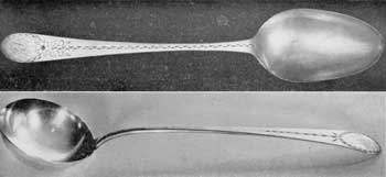 Two Pieces of Flatware by Gilbert: Above, a dessert spoon; below, a ladle. Both are decorated with "bright-cut" engraving. On the spoon it extends the entire length of the handle. The ladle is from the collection of Mrs. Robert B. Noyes. Two Pieces of Flatware by Gilbert: Above, a dessert spoon; below, a ladle. Both are decorated with "bright-cut" engraving. On the spoon it extends the entire length of the handle. The ladle is from the collection of Mrs. Robert B. Noyes.