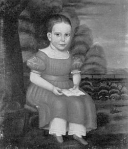 Portrait of a Child: American primitive portrait, done about 1840-50 by an unknown artist. The identity of the subject is also unknown. Against a conventional background is depicted the figure of a little girl, aged about six, in a red dress and holding an Alphabet book. Typical of the work of a self-taught artist, it shows sincerity, fair craftsmanship and excellent detail. Portrait of a Child: American primitive portrait, done about 1840-50 by an unknown artist. The identity of the subject is also unknown. Against a conventional background is depicted the figure of a little girl, aged about six, in a red dress and holding an Alphabet book. Typical of the work of a self-taught artist, it shows sincerity, fair craftsmanship and excellent detail.