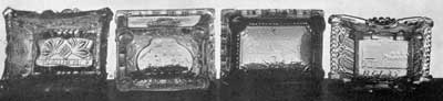 Four Lettered American Pressed Glass Salt Dishes: Left to right they are marked: "Providence," "N.E. Glass Company Boston," "Jersey Glass Co Nr. N. York," and "H. Clay." Four Lettered American Pressed Glass Salt Dishes: Left to right they are marked: "Providence," "N.E. Glass Company Boston," "Jersey Glass Co Nr. N. York," and "H. Clay."
