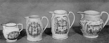 Four Other Masonic Pitchers: Figure 8: an Orangeman's jug in copper lustre and brilliant colors – not Masonic but design includes many of its emblems; Figure 9: Liverpool jug, black transfer decoration with unusual border; Figure 10: Liverpool pitcher with decoration in colors – design similar to Figure 5; Figure 11: Sunderland jug in purple lustre with Masonic decoration in black and colors. Four Other Masonic Pitchers: Figure 8: an Orangeman's jug in copper lustre and brilliant colors – not Masonic but design includes many of its emblems; Figure 9: Liverpool jug, black transfer decoration with unusual border; Figure 10: Liverpool pitcher with decoration in colors – design similar to Figure 5; Figure 11: Sunderland jug in purple lustre with Masonic decoration in black and colors.