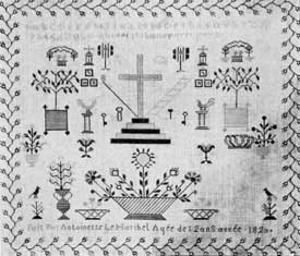 Illustration V: French, but Kin to Pennsylvania Dutch: Although this sampler is signed: "Fait Par Antoinette Le Haribel Age de 12 ans anee 1820," the formalized decorations of it are much like those worked in America by the Pennsylvania Dutch. This shows that sometimes folk art and homecraft forms disregarded race or political sovereignty. Illustration V: French, but Kin to Pennsylvania Dutch: Although this sampler is signed: "Fait Par Antoinette Le Haribel Age de 12 ans anee 1820," the formalized decorations of it are much like those worked in America by the Pennsylvania Dutch. This shows that sometimes folk art and homecraft forms disregarded race or political sovereignty.