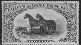 Handsomest of the Medicine Stamps: Depicting a pair of thoroughbreds, this oblong stamp was affixed to containers of Dalley's Galvanic Horse Salve. Handsomest of the Medicine Stamps: Depicting a pair of thoroughbreds, this oblong stamp was affixed to containers of Dalley's Galvanic Horse Salve.