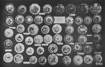 Illustration I: An Assortment of Rare China Cup Plates: A great many of the designs shown here may be found in other pieces. In the top right-hand corner is a rare specimen in soft paste, depicting a boat, crudely done. Few pieces in this pattern have ever been found. It is known to some as the "Lake" plate and to others as "the boat." A similar design is known in a large plate and it is probable that it was made in complete sets at one time, because plates, sugar bowls, molasses jars, and cups and saucers have been found as well as the cup plate. Illustration I: An Assortment of Rare China Cup Plates: A great many of the designs shown here may be found in other pieces. In the top right-hand corner is a rare specimen in soft paste, depicting a boat, crudely done. Few pieces in this pattern have ever been found. It is known to some as the "Lake" plate and to others as "the boat." A similar design is known in a large plate and it is probable that it was made in complete sets at one time, because plates, sugar bowls, molasses jars, and cups and saucers have been found as well as the cup plate.