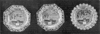Illustration II: The Steamer Fulton: In form, two of the plates are octagonal and one round. Each is a variation. The number of serrations in the edge, slant of the ship, and the detail of design in the border varies. Illustration II: The Steamer Fulton: In form, two of the plates are octagonal and one round. Each is a variation. The number of serrations in the edge, slant of the ship, and the detail of design in the border varies.