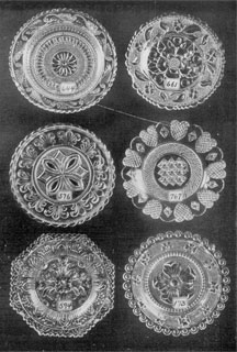 Illustration III: Six Rarities in Conventional Cup Plates: These were selected at random without respect to their place of origin. Number 576 has a center often seen in the Heart series of Sandwich fame, but the border has a very unusual design. Number 767 is one of the rarest of the Heart series, containing only nine hearts. Illustration III: Six Rarities in Conventional Cup Plates: These were selected at random without respect to their place of origin. Number 576 has a center often seen in the Heart series of Sandwich fame, but the border has a very unusual design. Number 767 is one of the rarest of the Heart series, containing only nine hearts.
