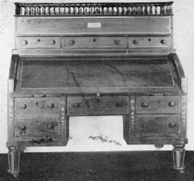 Mahogany Desk Owned by Washington: This was sold at the time he retired from the Presidency. Documentary evidence would indicate that this is the desk bought for eighteen pounds from the Comte de Moustier, the French minister at the beginning of Washington's Presidency. Mahogany Desk Owned by Washington: This was sold at the time he retired from the Presidency. Documentary evidence would indicate that this is the desk bought for eighteen pounds from the Comte de Moustier, the French minister at the beginning of Washington's Presidency.