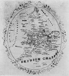 Illustration II: Needlework Map of England: Done in 1822 by a little girl who was too modest to include her name and age, this accents the boundaries of the shires. At the right is lettered: "River Thames." A year ago, this once peaceful coast of Kent and Essex became known around the world as "Hell's Corners." Illustration II: Needlework Map of England: Done in 1822 by a little girl who was too modest to include her name and age, this accents the boundaries of the shires. At the right is lettered: "River Thames." A year ago, this once peaceful coast of Kent and Essex became known around the world as "Hell's Corners."