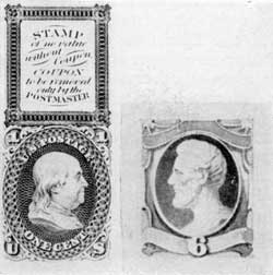 A Patented Coupon Essay: Above the proposed stamp bearing a profile head of Franklin is an ungummed coupon which was to be torn of by postal clerks as part of cancellation. At the right an 1870 essay with engraved head of Lincoln and water color frame. This was adopted, with slight variations, for a six cent stamp. A Patented Coupon Essay: Above the proposed stamp bearing a profile head of Franklin is an ungummed coupon which was to be torn of by postal clerks as part of cancellation. At the right an 1870 essay with engraved head of Lincoln and water color frame. This was adopted, with slight variations, for a six cent stamp.