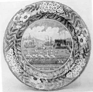 A "Landing of Gen. Lafayette" Plate: The blue-and-white Staffordshire transfer-ware service, of which this plate is a part, was made by James and Ralph Clews, whose pottery was at Cobridge. It was produced shortly after General Lafayette made his return visit to the United States in 1824 as guest of the nation. The view, showing the Battery Park, New York, Castle Garden, and welcoming ships, was taken from a contemporary engraving made by Samuel Maverick, an impression of which must have been sent to the Clews pottery almost as soon as this print was issued. A "Landing of Gen. Lafayette" Plate: The blue-and-white Staffordshire transfer-ware service, of which this plate is a part, was made by James and Ralph Clews, whose pottery was at Cobridge. It was produced shortly after General Lafayette made his return visit to the United States in 1824 as guest of the nation. The view, showing the Battery Park, New York, Castle Garden, and welcoming ships, was taken from a contemporary engraving made by Samuel Maverick, an impression of which must have been sent to the Clews pottery almost as soon as this print was issued.