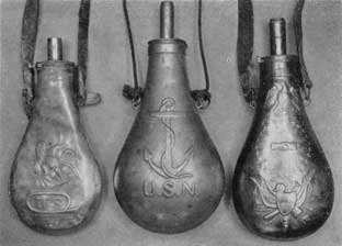 Plate III – Three American Military Flasks: At the left, U. S. Army regulation issue; center, a U. S. Navy flask, used for the priming charge for a cannon; and right, flask marked "US" on the shield superimposed on a stand of crossed flags and arms. Above, within a circle of 26 stars are two clasped hands and below the neck, an eagle with wings spread, shield of stars and stripes on its breast. Plate III – Three American Military Flasks: At the left, U. S. Army regulation issue; center, a U. S. Navy flask, used for the priming charge for a cannon; and right, flask marked "US" on the shield superimposed on a stand of crossed flags and arms. Above, within a circle of 26 stars are two clasped hands and below the neck, an eagle with wings spread, shield of stars and stripes on its breast.