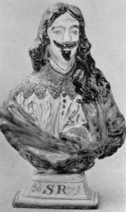 Portrait Bust of Charles I: Dated 1679, this commemorative piece is of earthenware with tin-enamel glass in colors. Portrait Bust of Charles I: Dated 1679, this commemorative piece is of earthenware with tin-enamel glass in colors.
