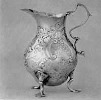Pre-Revolutionary Revere Silver: Cream Pot made for Lucretia Chandler. Her husband, John Murray, a loyalist, fled to Nova Scotia. Their ship was overtaken by an American privateer and this cream pot was brought to Boston where it was sold at a prize court auction. Pre-Revolutionary Revere Silver: Cream Pot made for Lucretia Chandler. Her husband, John Murray, a loyalist, fled to Nova Scotia. Their ship was overtaken by an American privateer and this cream pot was brought to Boston where it was sold at a prize court auction.