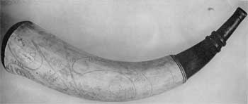 ILLUSTRATION I: Revolutionary Powder Horn Engraved with Map of Boston: This was done by Jesse Starr, a Connecticut soldier. The part shown depicts Boston Neck. On the other side are Cambridge and the other nearby towns. The location of all of the fortifications are carefully shown. ILLUSTRATION I: Revolutionary Powder Horn Engraved with Map of Boston: This was done by Jesse Starr, a Connecticut soldier. The part shown depicts Boston Neck. On the other side are Cambridge and the other nearby towns. The location of all of the fortifications are carefully shown.