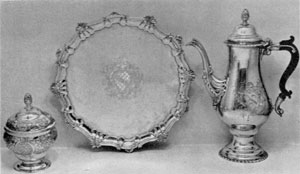 Revere Silver in Rococo Style: The sugar bowl and tray bear the Chandler coat-of-arms and the coffee pot that of the Sargent family. Revere Silver in Rococo Style: The sugar bowl and tray bear the Chandler coat-of-arms and the coffee pot that of the Sargent family.