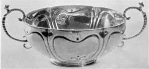 Two-Handled Bowl by Soumain: Simeon Soumain worked in New York circa 1705-1750. In design, this bowl shows the Dutch influence strongly. Its original owners were Hendrick and Catalina Remsen, married about 1730. Two-Handled Bowl by Soumain: Simeon Soumain worked in New York circa 1705-1750. In design, this bowl shows the Dutch influence strongly. Its original owners were Hendrick and Catalina Remsen, married about 1730.